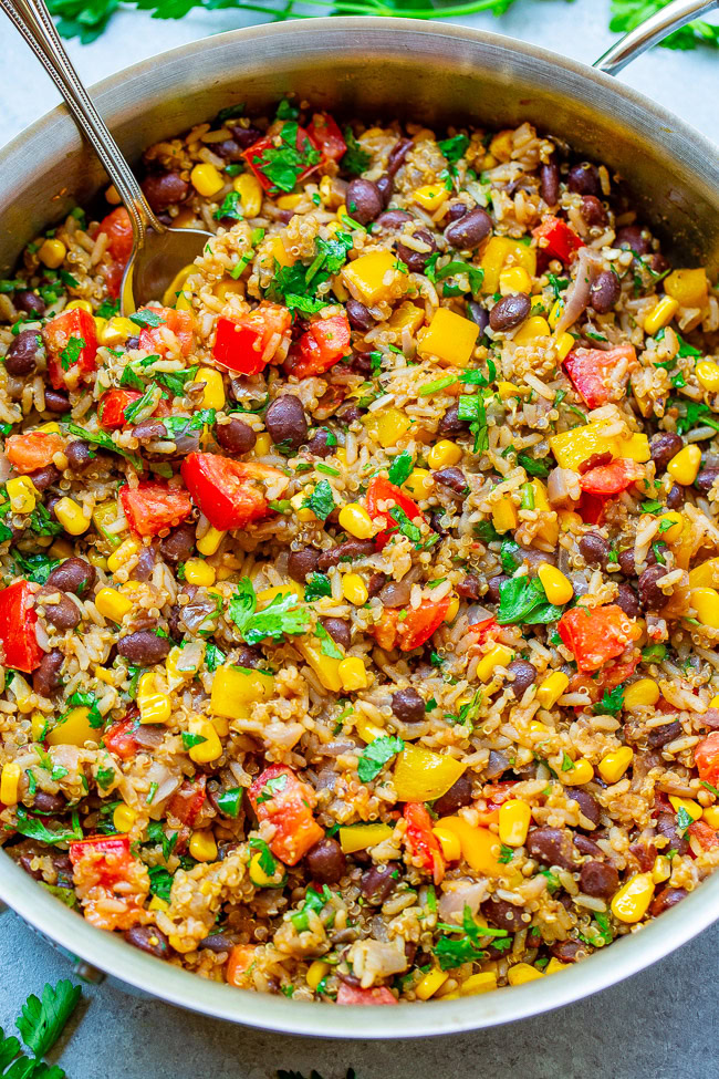 Mexican Rice, Beans, and Quinoa Medley - Hearty enough to be a meal or makes a FANTASTIC side dish with loads of textures in every bite!! A super FLEXIBLE recipe that's HEALTHY and makes a big batch for planned leftovers!!