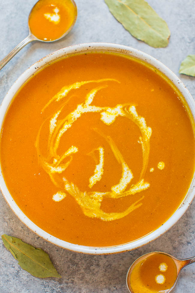 Easy 30-Minute Pumpkin Soup - Silky smooth, rich pumpkin flavor, and accidentally healthy!! Amazing depth of flavor for a FAST and EASY soup that's hearty and comforting without being heavy!!