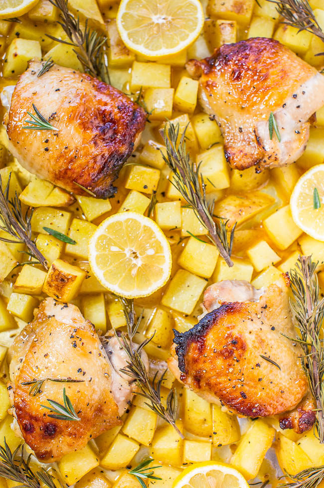 One-Pan Honey Lemon Chicken and Roasted Potatoes - Juicy chicken with a honey lemon glaze that's tangy-sweet and so good!! Healthy, fast, so easy, and cleanup is a breeze!!