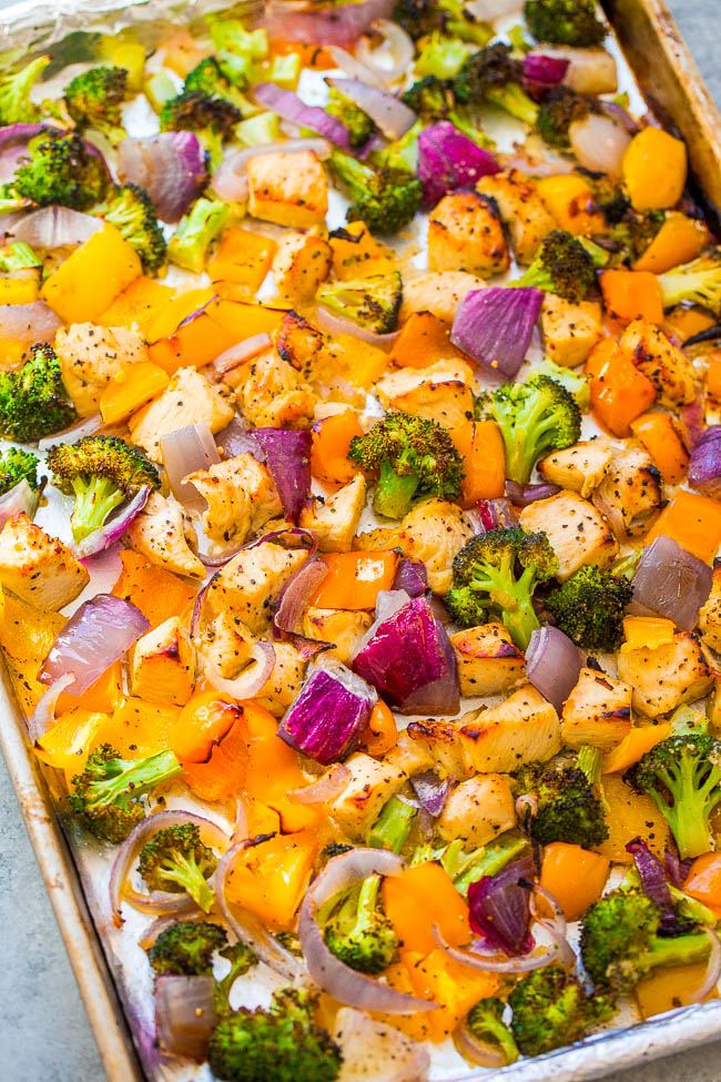 baked lemon pepper chicken and veggies on a sheet pan 