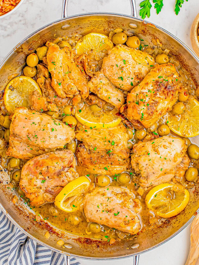 Lemon Olive Chicken Skillet - 🍋🫒🎉 This EASY chicken skillet recipe is full of big flavors including bright and tangy lemons, zesty Spanish olives, oregano, garlic, and onions! This ONE skillet recipe is ready in 30 minutes and tastes like it's from a fancy restaurant, but it's simple enough to make on busy weeknights to level up your chicken dinner game!