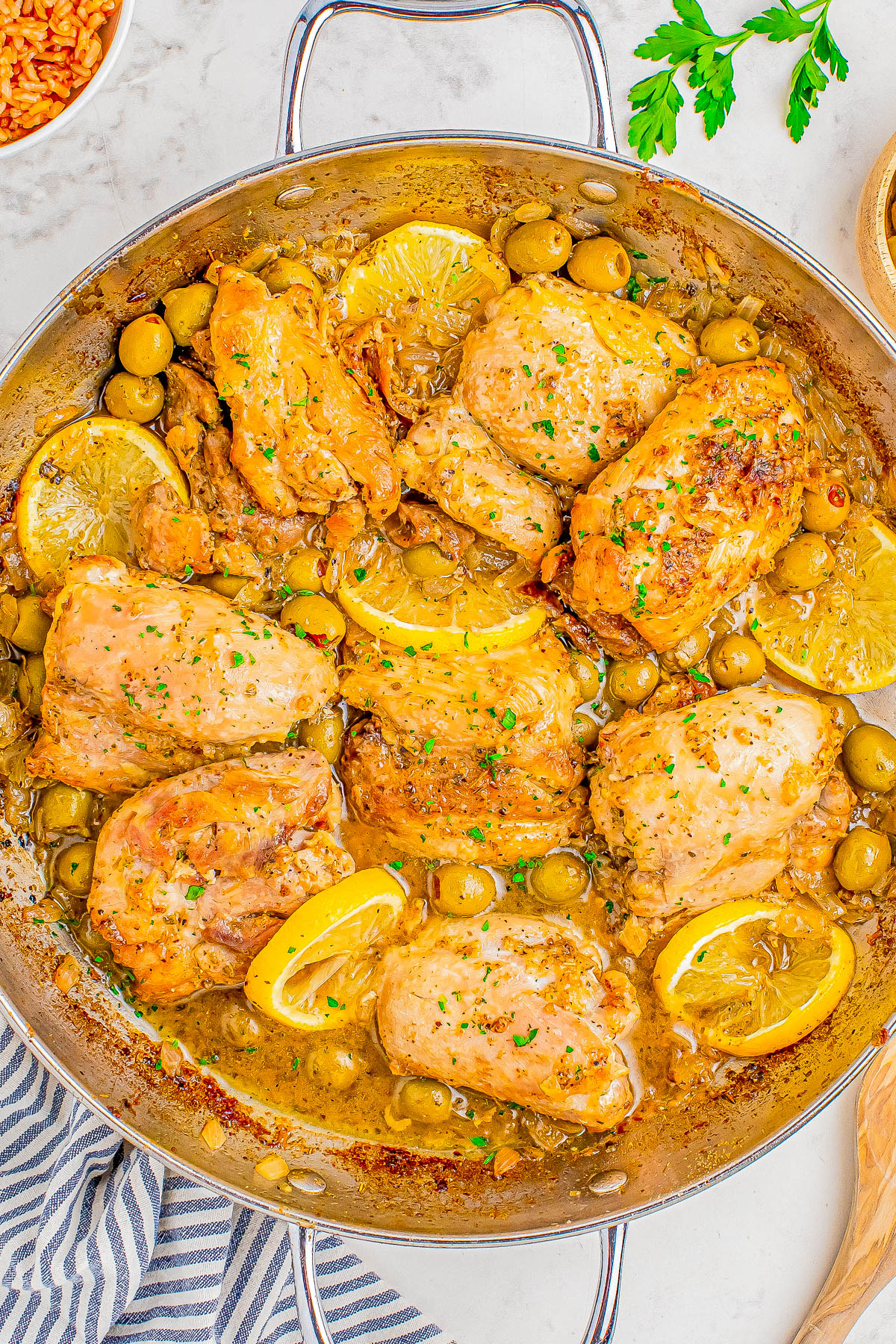 Lemon Olive Chicken Skillet - 🍋🫒🎉 This EASY chicken skillet recipe is full of big flavors including bright and tangy lemons, zesty Spanish olives, oregano, garlic, and onions! This ONE skillet recipe is ready in 30 minutes and tastes like it's from a fancy restaurant, but it's simple enough to make on busy weeknights to level up your chicken dinner game!