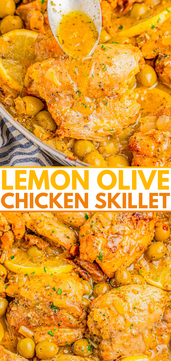 Lemon olive chicken skillet meal with chicken pieces, green olives, and sauce being spooned over, garnished with parsley and lemon slices.