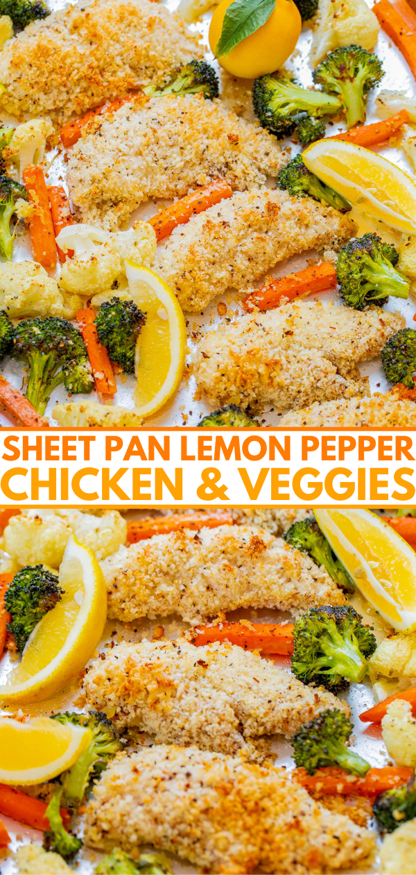 Sheet pan with breaded chicken breasts, broccoli, carrots, lemon wedges, and text "Sheet Pan Lemon Pepper Chicken & Veggies".