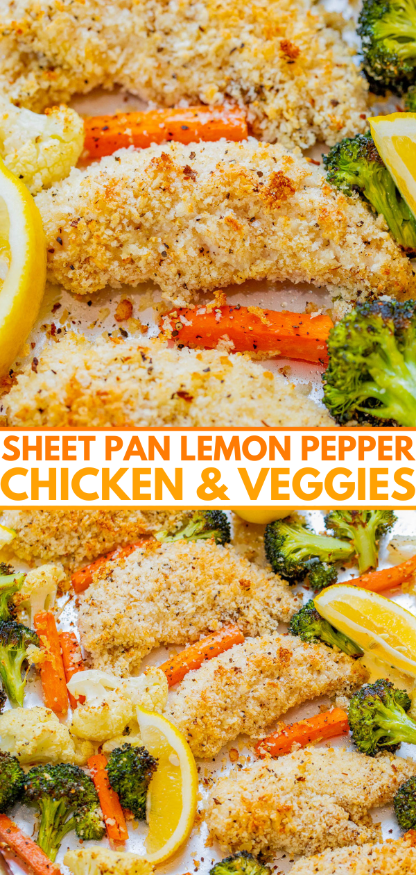 Baked lemon pepper chicken tenders with broccoli, carrots, and lemon wedges on a sheet pan. Text in the image reads "Sheet Pan Lemon Pepper Chicken & Veggies.