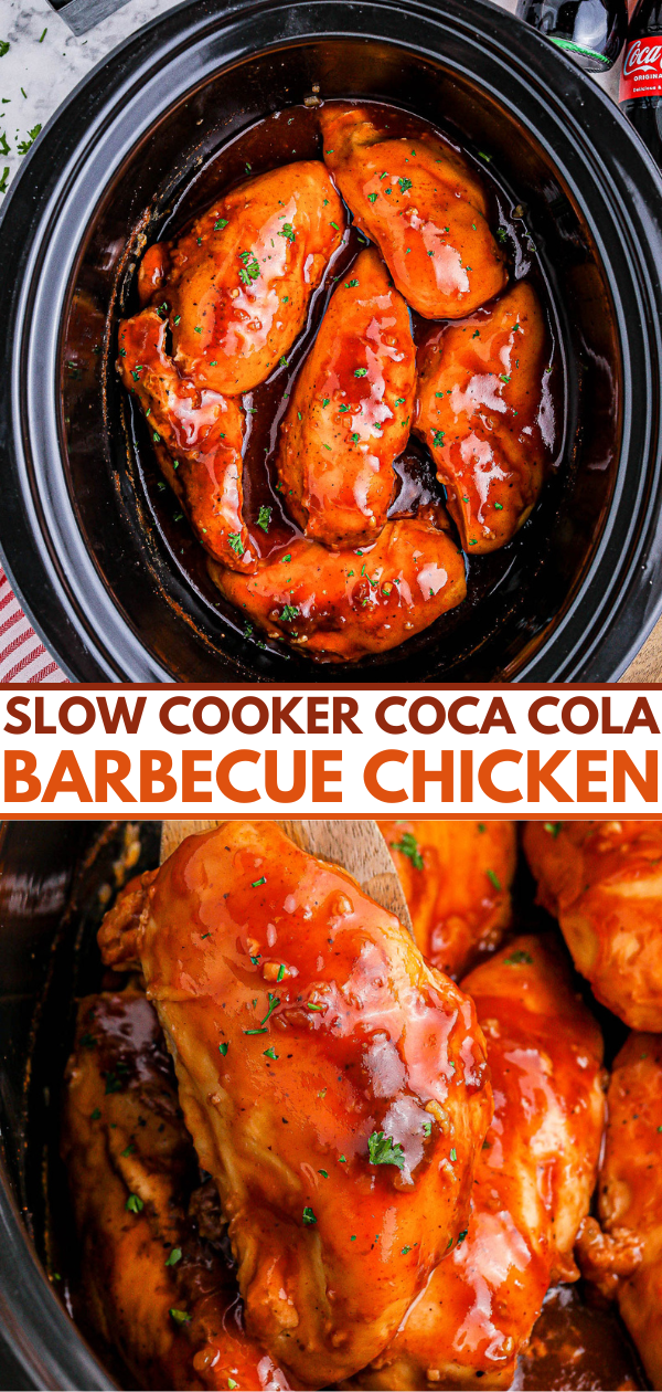 Close-up, top-down view of a slow cooker filled with barbecue chicken covered in glaze, labeled "Slow Cooker Coca Cola Barbecue Chicken.