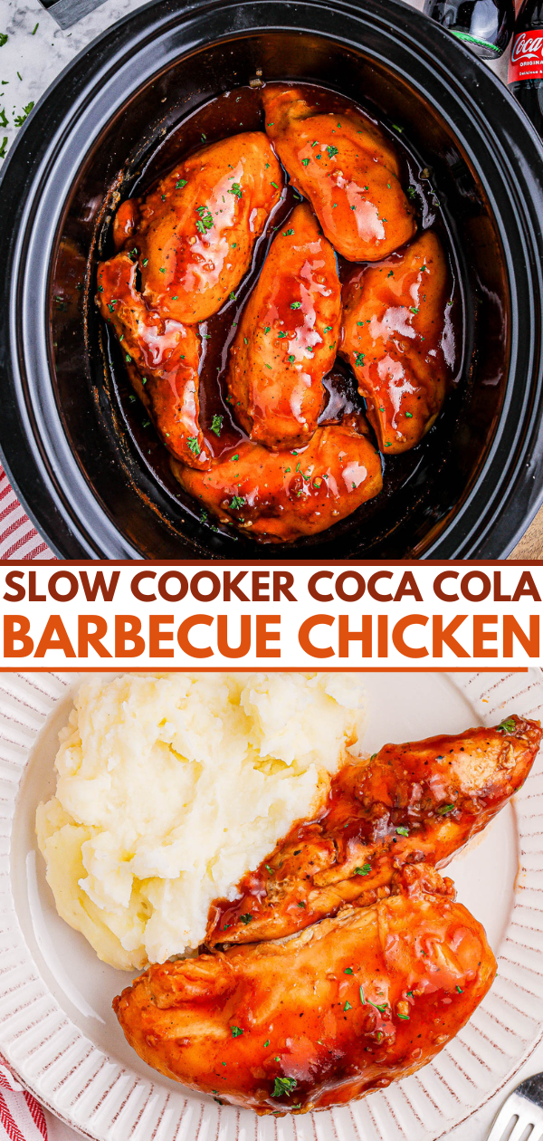 Top image shows slow cooker with Coca-Cola barbecue chicken. Bottom image displays plated Coca-Cola barbecue chicken served with mashed potatoes.