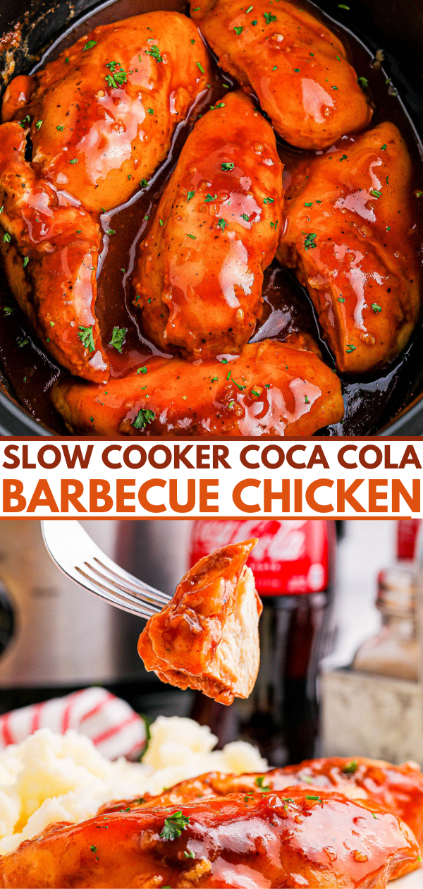 Slow cooker Coca Cola barbecue chicken in a pot; a hand holds a fork with a piece of chicken above a plate of mashed potatoes.