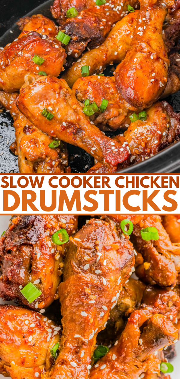 Close-up of slow-cooked chicken drumsticks garnished with sesame seeds and chopped green onions. Text reads: "Slow Cooker Chicken Drumsticks.