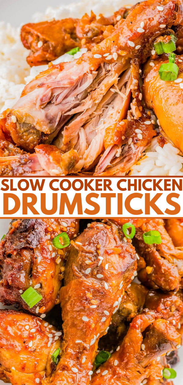 Close-up of slow-cooked chicken drumsticks garnished with sesame seeds and green onions, served over white rice. The dish features tender, shredded meat. Text overlay: "Slow Cooker Chicken Drumsticks.