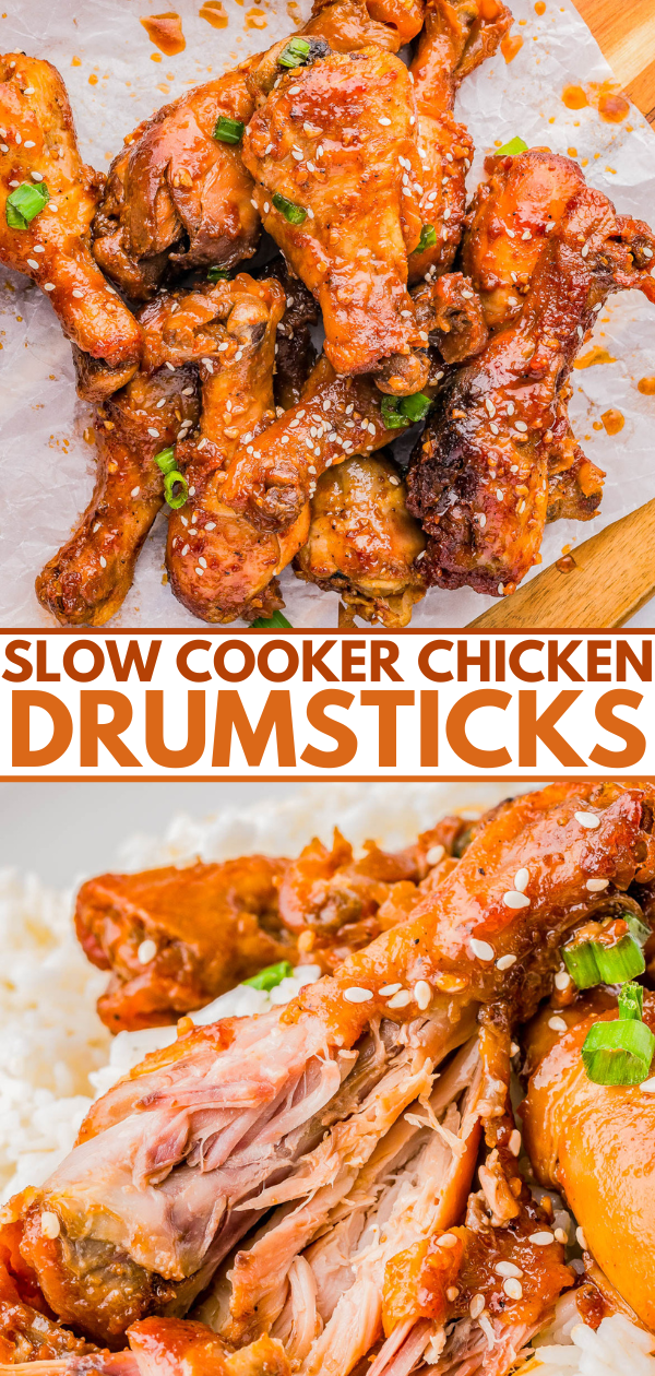 Top image shows glazed chicken drumsticks on parchment paper. Bottom image displays a cut open chicken drumstick served with rice. Text reads: "SLOW COOKER CHICKEN DRUMSTICKS.