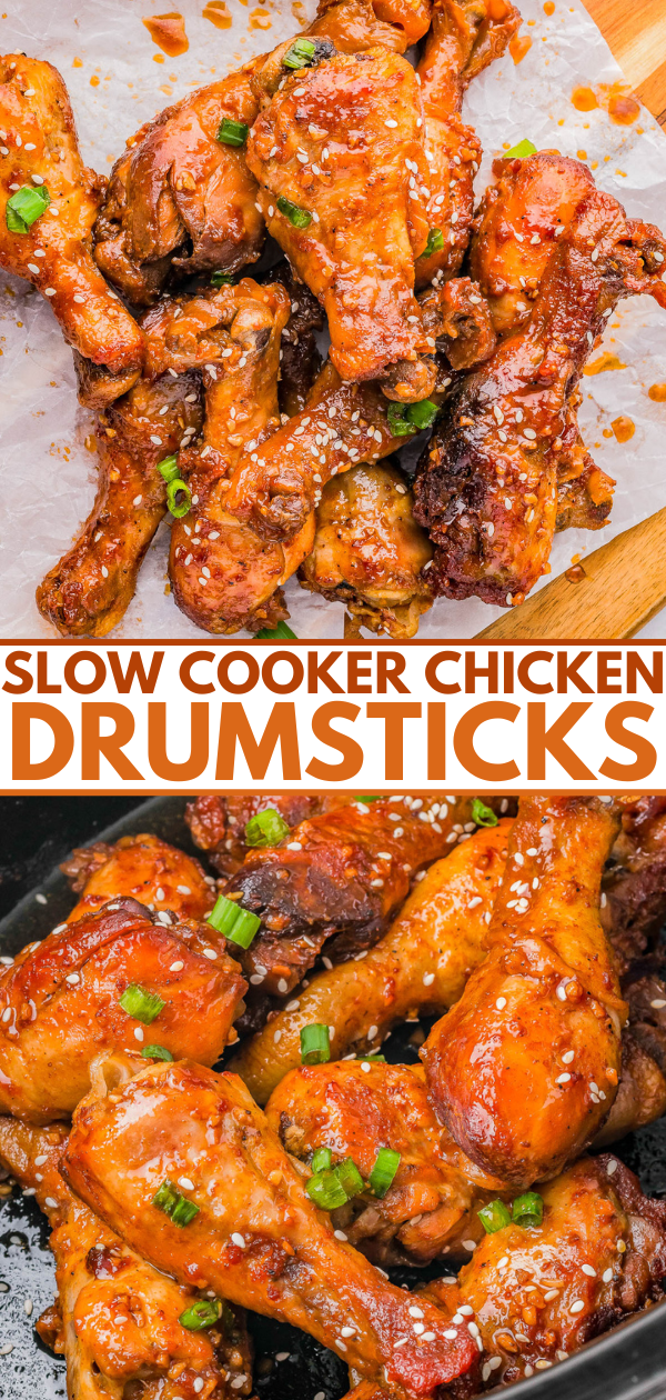 Two images of slow-cooked chicken drumsticks garnished with green onions and sesame seeds. The top image shows the drumsticks on parchment paper, and the bottom image shows them in a slow cooker.