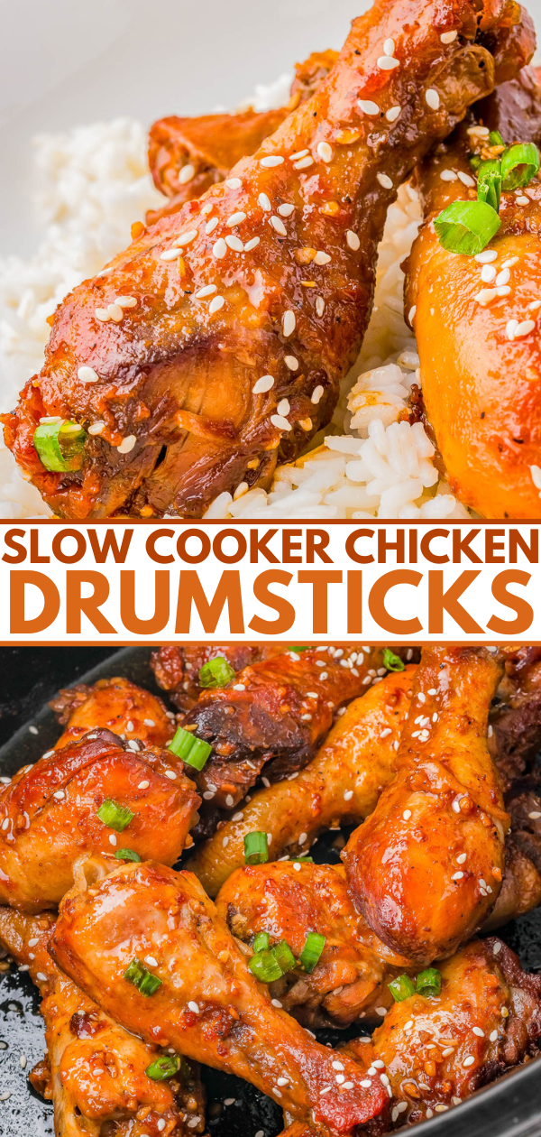 Two images of slow-cooked chicken drumsticks garnished with sesame seeds and chopped green onions. The top image shows drumsticks on a bed of rice, while the bottom image displays drumsticks in a slow cooker.