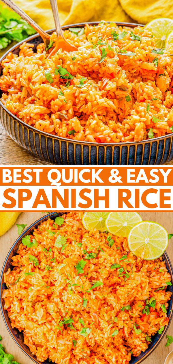 A bowl of Spanish rice garnished with cilantro is shown with a fork. The text reads, "Best Quick & Easy Spanish Rice." Lime slices and a yellow cloth are nearby.