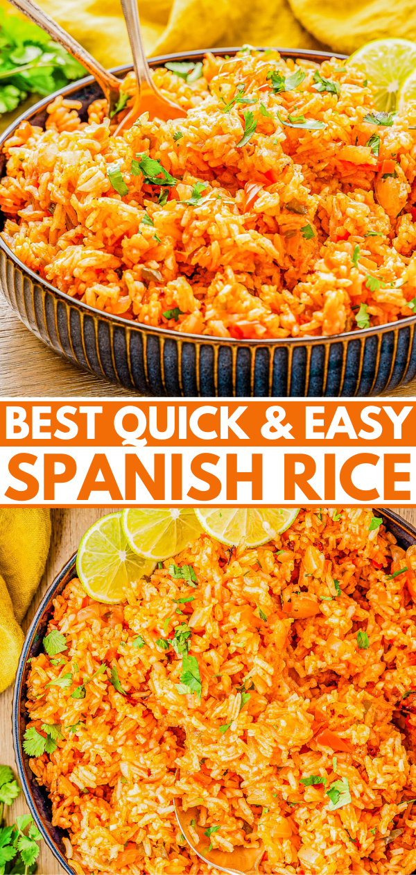 A bowl of Spanish rice garnished with lime wedges and cilantro. The text reads "Best Quick & Easy Spanish Rice.