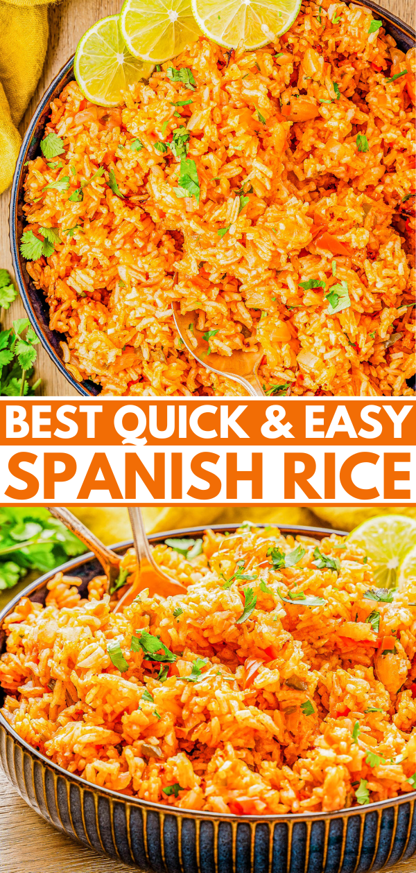 Two images of Spanish rice garnished with lime slices and cilantro. The text between the images reads "Best Quick & Easy Spanish Rice.