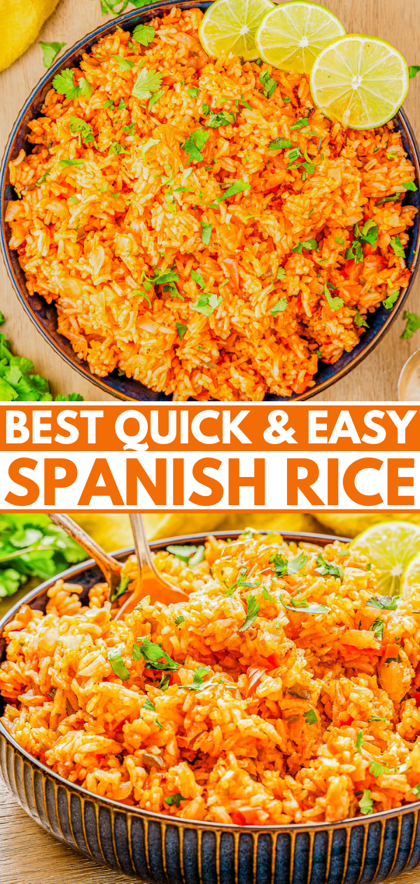 Two bowls filled with Spanish rice garnished with cilantro, surrounded by lime slices. Text overlay reads: "Best Quick & Easy Spanish Rice.