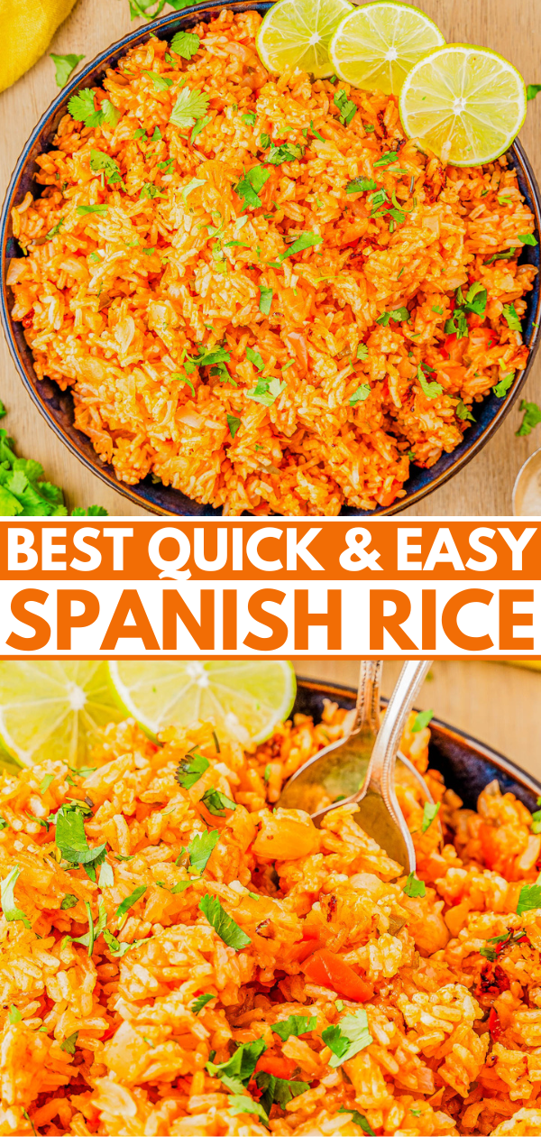 A bowl of Spanish rice garnished with lime slices and cilantro. The text reads, 