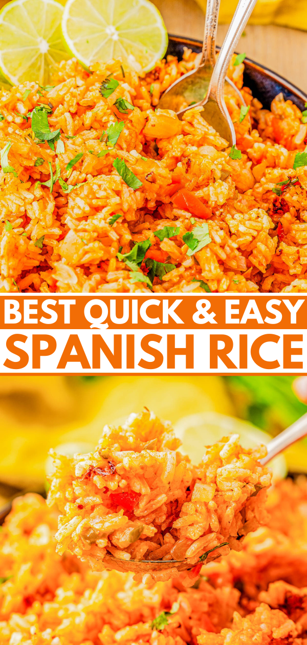 A bowl of Spanish rice garnished with cilantro, served with lime slices. Text on the image reads "Best Quick & Easy Spanish Rice.