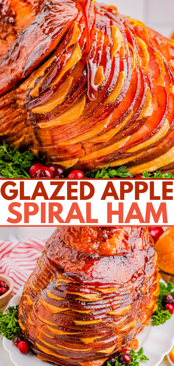 A glazed apple spiral ham with a shiny, caramelized appearance is displayed on a platter with greens and cranberries, accompanied by the text "GLAZED APPLE SPIRAL HAM.