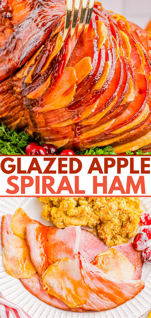 Close-up of a glazed spiral ham with apple slices, garnished with herbs and cherries. Below, the ham is served with a side of stuffing on a plate.