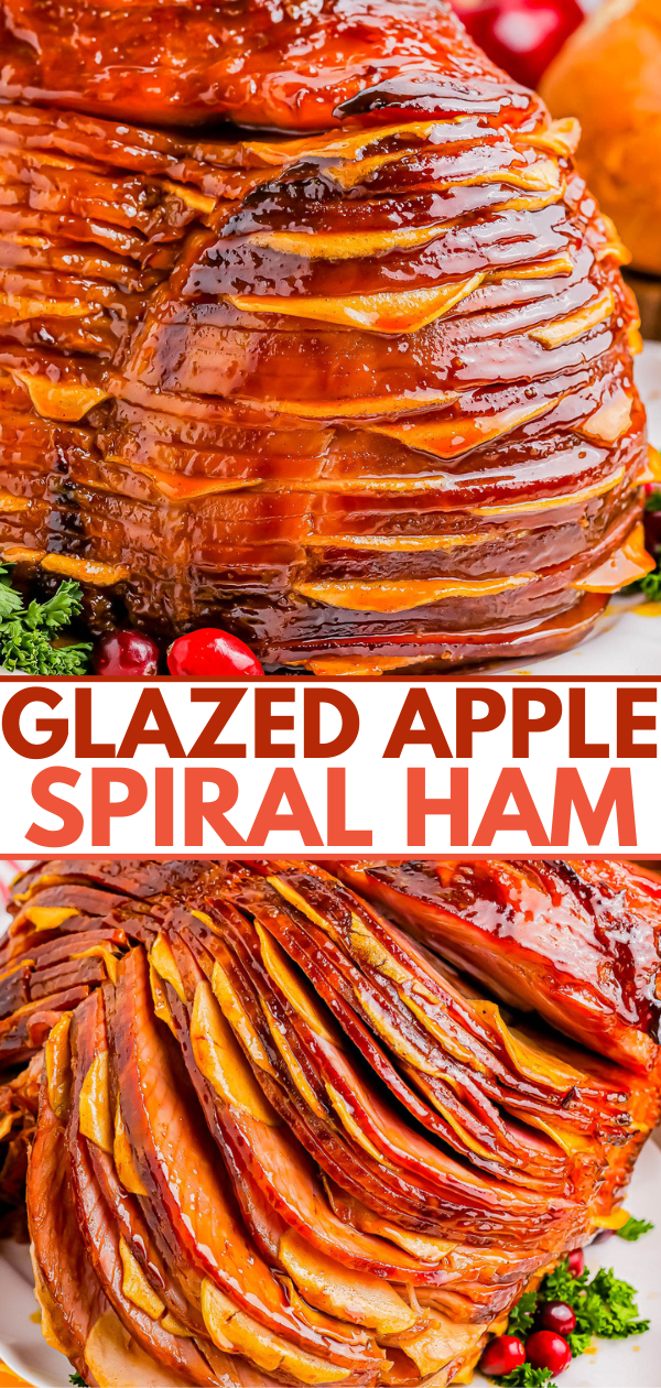 Close-up of a glazed apple spiral ham, garnished with parsley and cranberries.