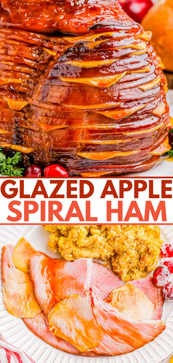 Close-up of a glazed apple spiral ham, with slices served on a plate alongside a portion of stuffing.