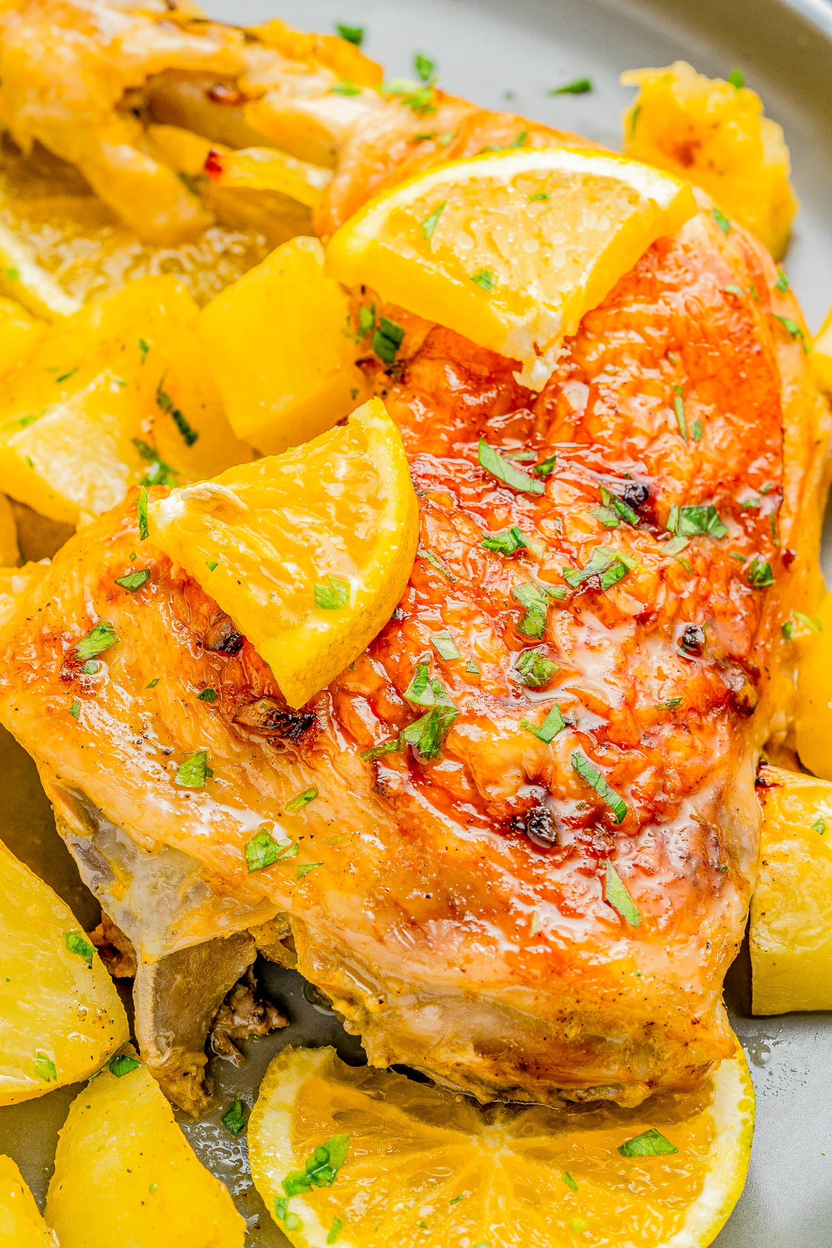 Roasted chicken with crispy skin, garnished with lemon slices and herbs, surrounded by roasted potato chunks.