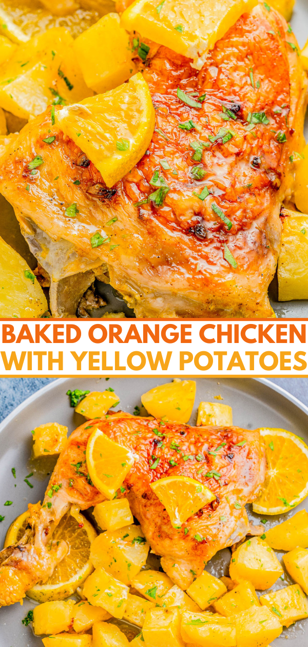 Baked orange chicken with yellow potatoes garnished with herbs, served on a plate.