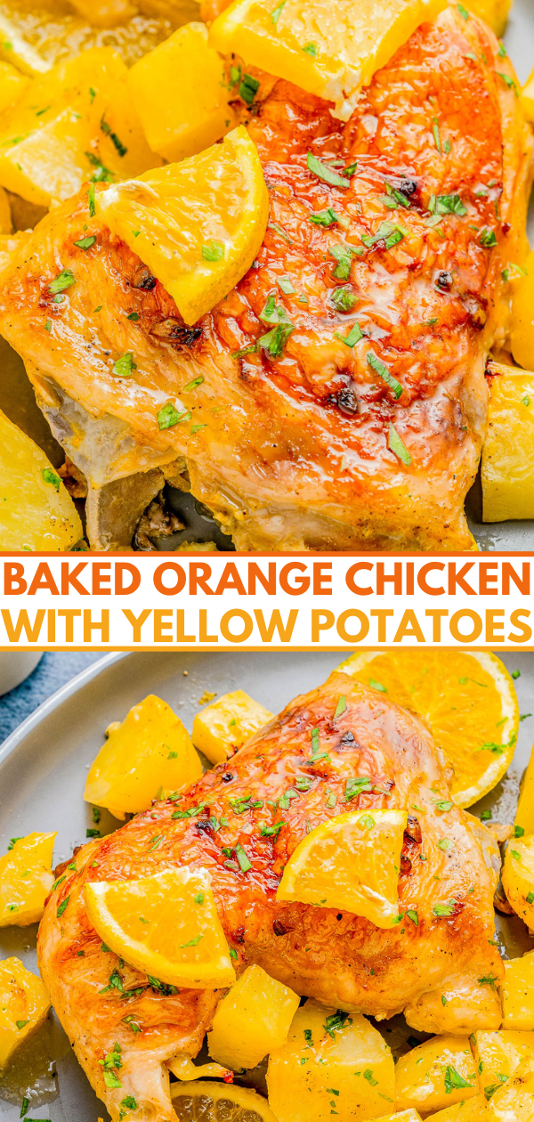 Close-up of baked orange chicken and yellow potatoes garnished with herbs, arranged on a plate.