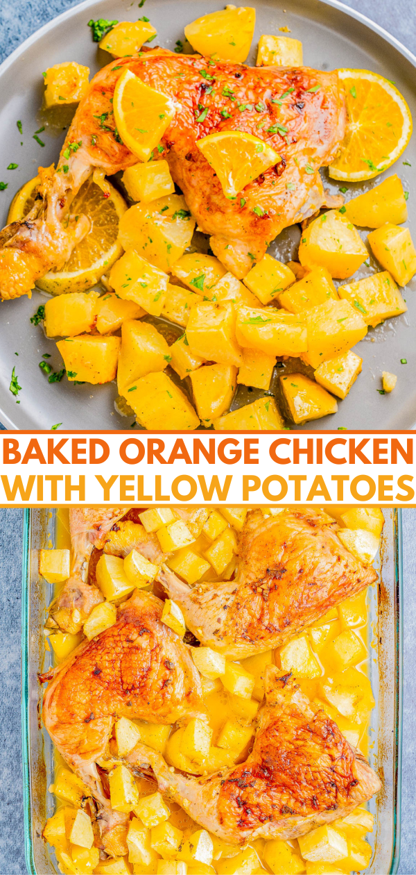 Baked orange chicken with yellow potatoes arranged on a gray plate and in a rectangular baking dish, garnished with orange slices and herbs.