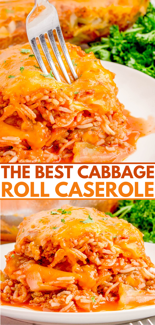 A fork is lifting a cheesy slice of cabbage roll casserole on a plate, with green parsley garnish in the background.