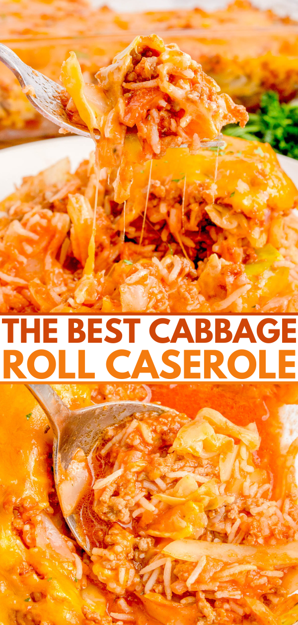 Close-up of a cheesy cabbage roll casserole, featuring layers of rice, meat, and melted cheese, with text overlay: "The Best Cabbage Roll Casserole.