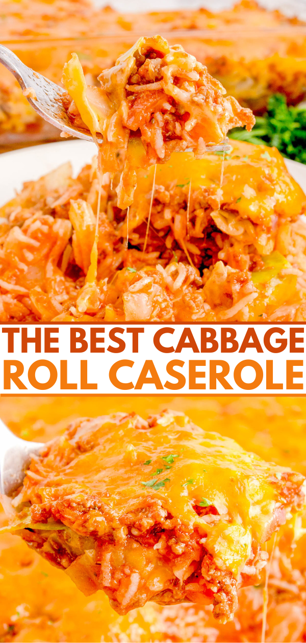 Close-up of a cheesy cabbage roll casserole with melted cheese and a fork lifting a portion. Text overlay reads, "The Best Cabbage Roll Casserole.