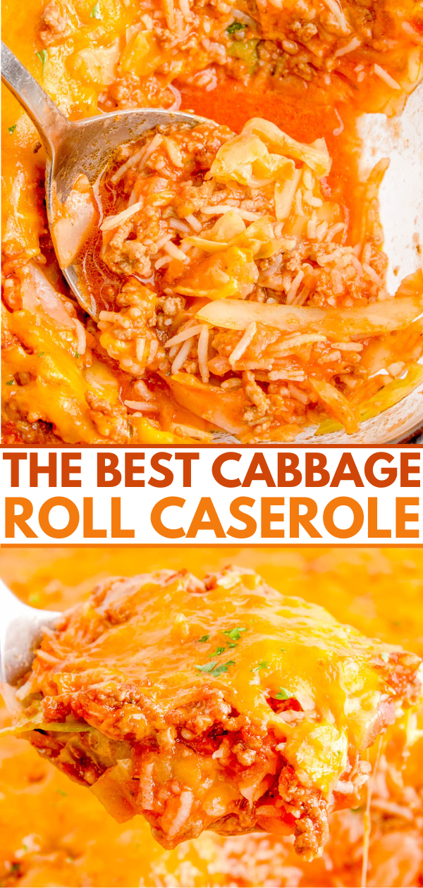 Close-up of a cabbage roll casserole with melted cheese and meat sauce, featuring a spoon scooping out a portion. Text overlay reads, "The Best Cabbage Roll Casserole.