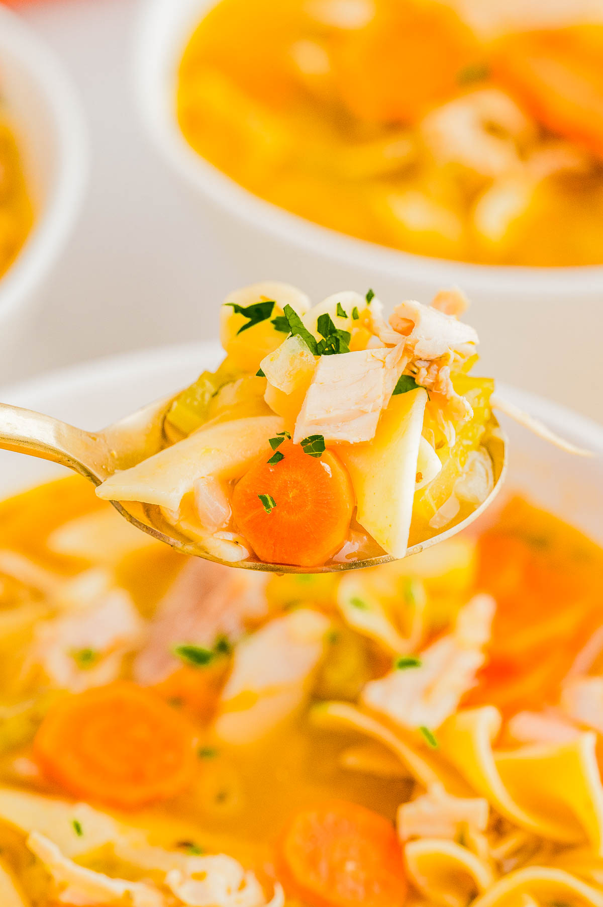 A spoonful of chicken noodle soup with carrots, celery, chicken pieces, and noodles garnished with herbs.