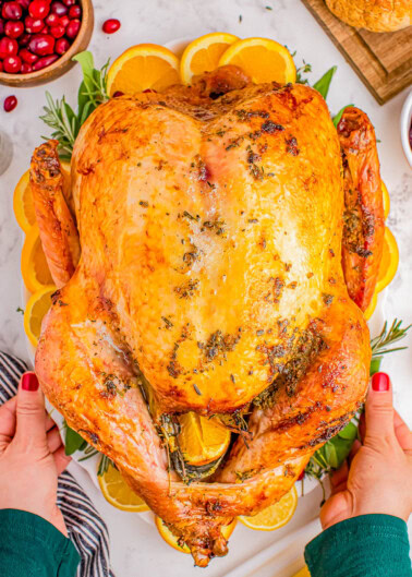 A whole roasted turkey garnished with herbs and lemon slices, held by a person with red nail polish. Cranberries and peas are visible in the background.