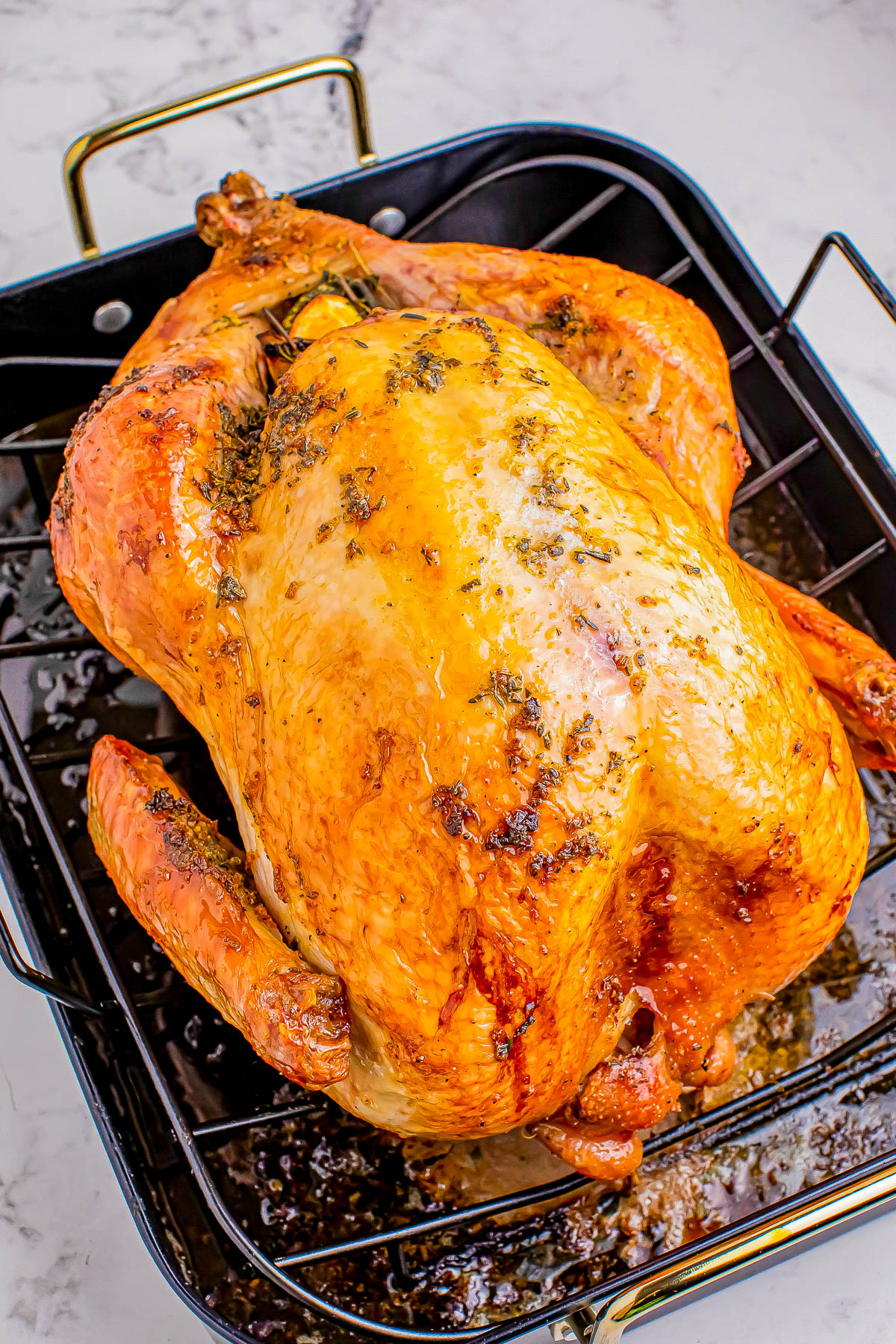 Roast chicken with golden brown skin on a rack in a roasting pan, garnished with herbs, on a marble surface.