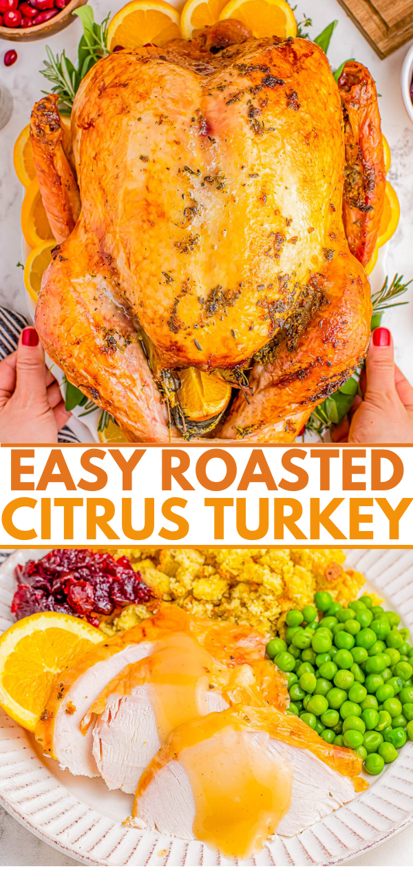 Top image: A roasted turkey garnished with herbs and slices of citrus. Bottom image: Sliced turkey with gravy, peas, stuffing, cranberries, and an orange slice. Text: "Easy Roasted Citrus Turkey".