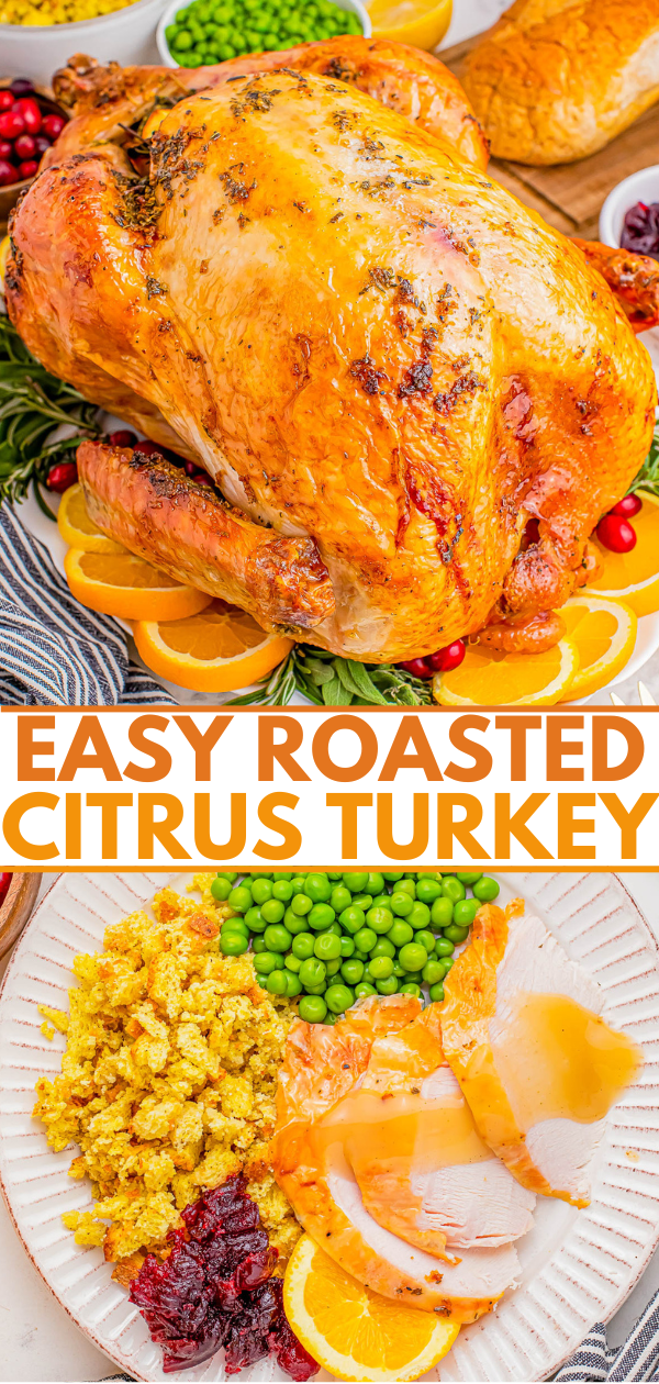 Roasted turkey with crispy skin surrounded by orange slices and cranberries. Below, a plate with turkey slices, green peas, stuffing, cranberries, and a roll. Text: "Easy Roasted Citrus Turkey.