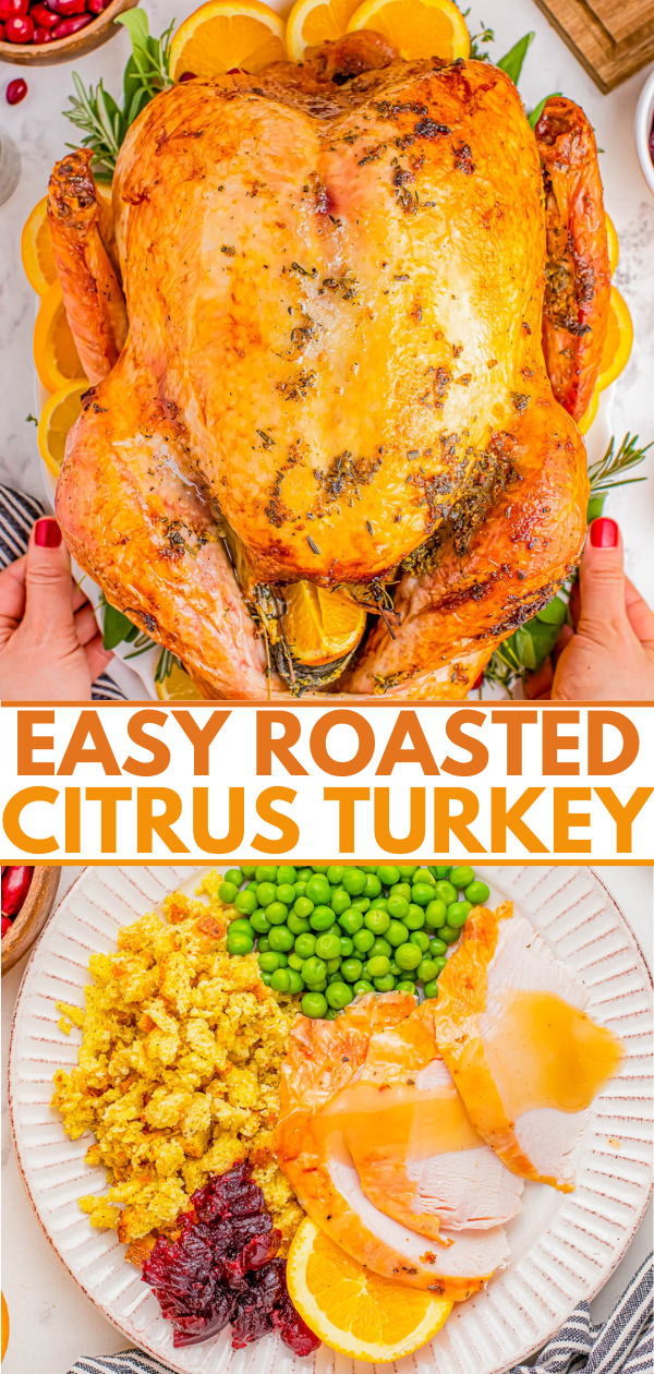 A roasted turkey with citrus slices on a platter, labeled "Easy Roasted Citrus Turkey," above a plate with turkey slices, peas, corn, and cranberry sauce.