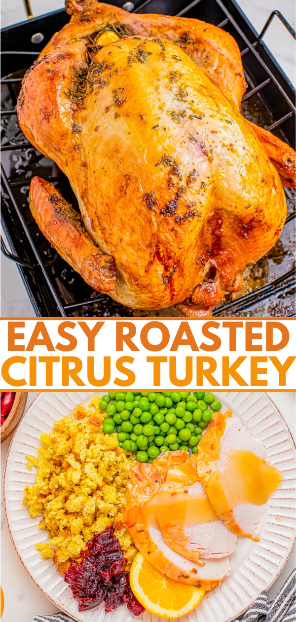 Whole roasted turkey in a pan and a plate with turkey slices, peas, stuffing, cranberry sauce, and orange slices. Text reads "Easy Roasted Citrus Turkey.