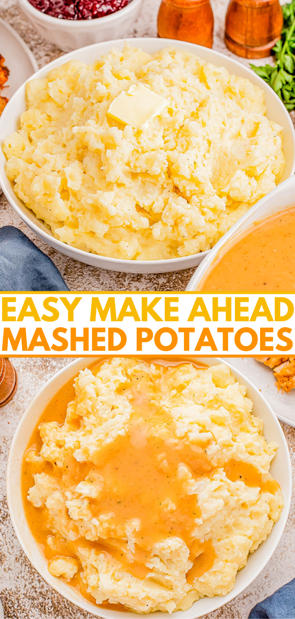 Two bowls of mashed potatoes, one with a pat of butter and the other with gravy. Text overlay reads, 