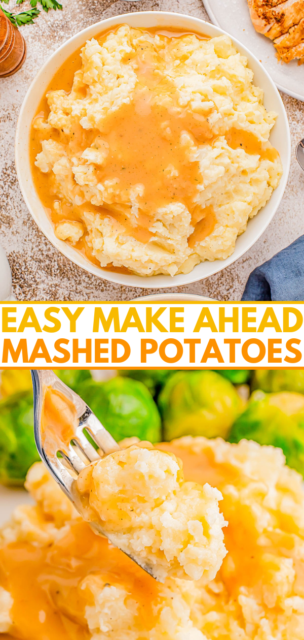 Mashed potatoes with gravy in a bowl and on a fork; text overlay reads 