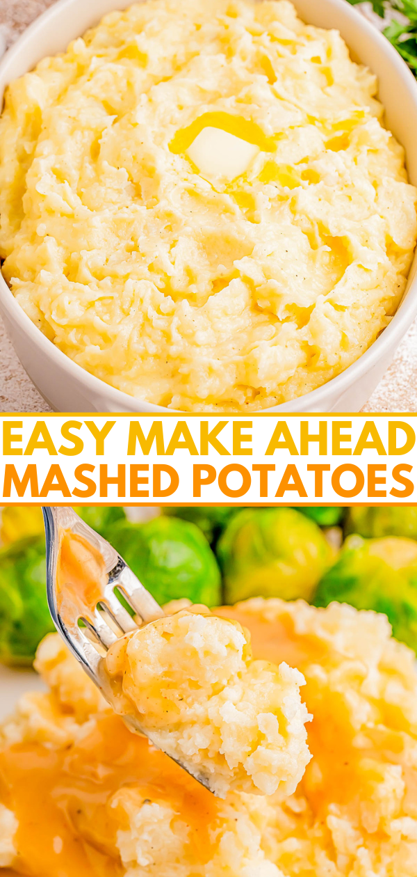 Bowl of mashed potatoes with butter on top and a fork with mashed potatoes and gravy near Brussels sprouts in the background. Text: 