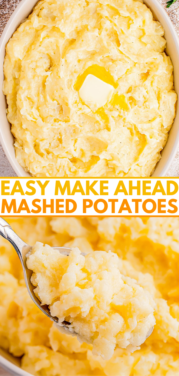 A bowl of mashed potatoes with a pat of butter on top. Text overlay reads, 