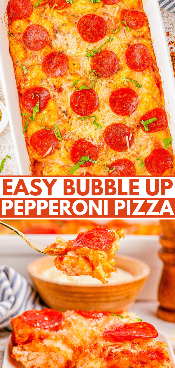 Baked pepperoni bubble-up pizza in a casserole dish, with a spoon lifting a serving. Text reads "Easy Bubble Up Pepperoni Pizza.