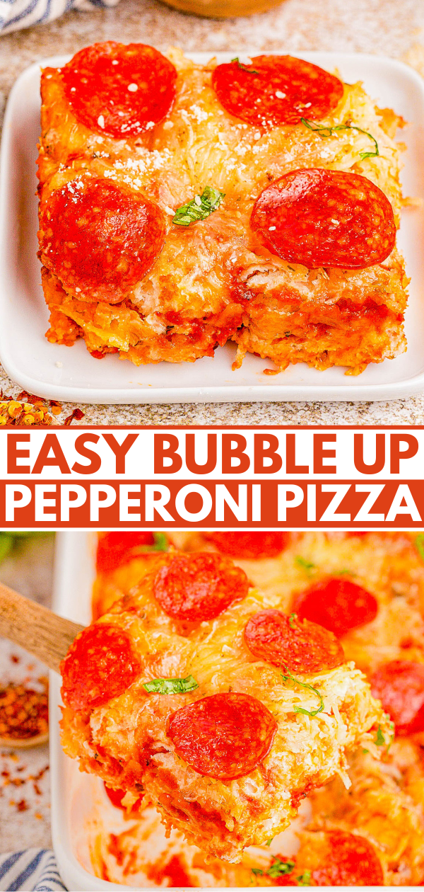 Two images of a slice of bubble up pepperoni pizza on a white plate. The text reads "Easy Bubble Up Pepperoni Pizza.