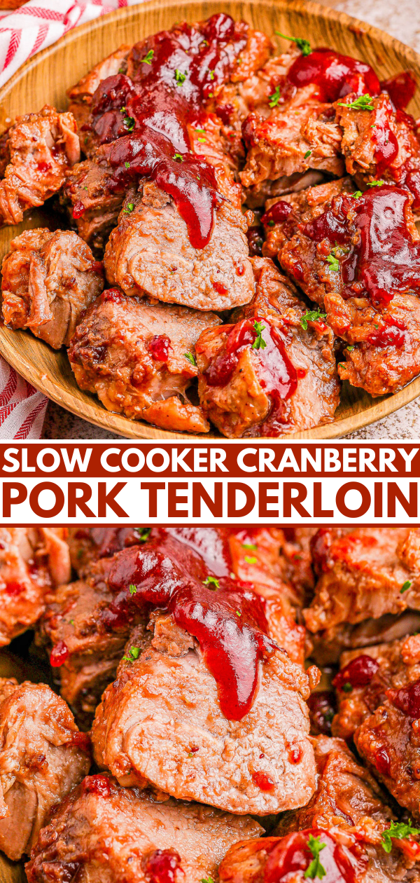 A dish of slow-cooked pork tenderloin topped with cranberry sauce and garnished with herbs.