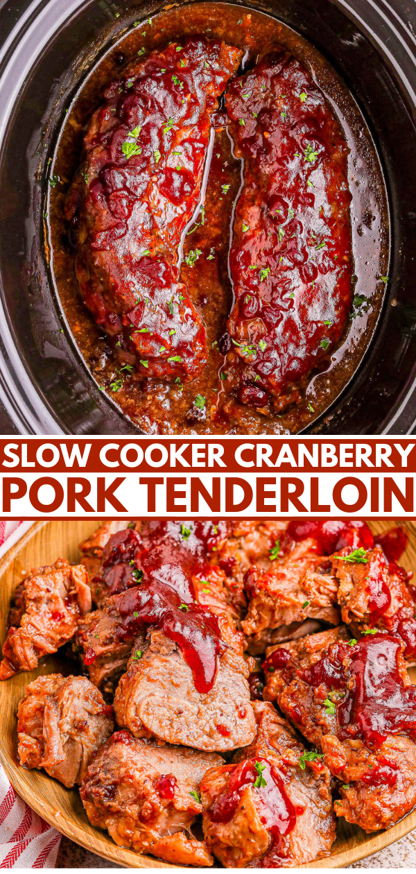 Slow cooker pork tenderloin covered in cranberry sauce, shown whole in a pot and sliced on a plate.